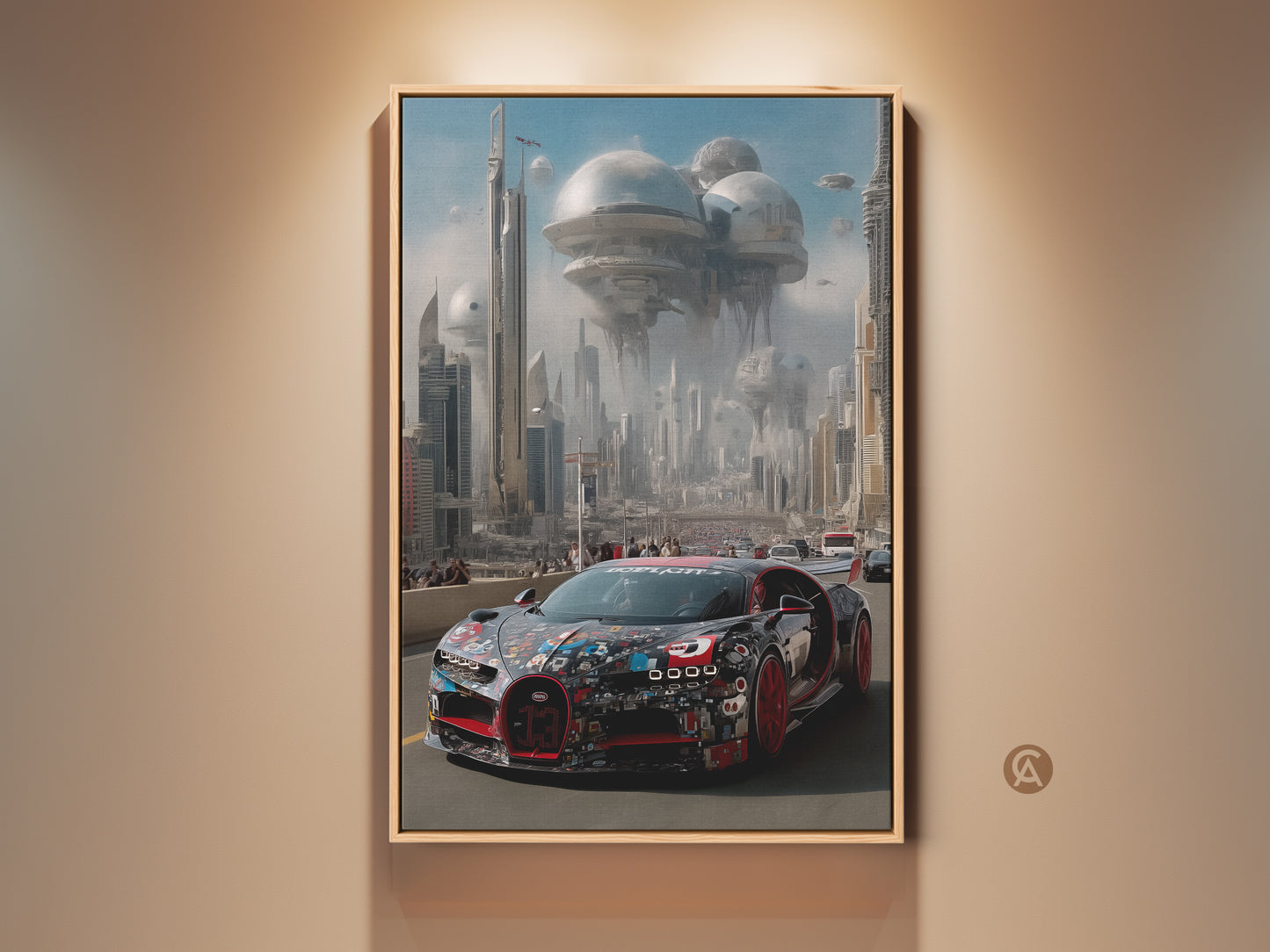 Hypercar races through a futuristic cityscape. This digital automotive art print features a striking supercar against a backdrop of sky blue. A perfect F1 fan gift for office decor. This canvas artwork blends speed and science fiction with a contemporary style. It brings a dynamic feel to your space. A unique automotive enthusiast decor.