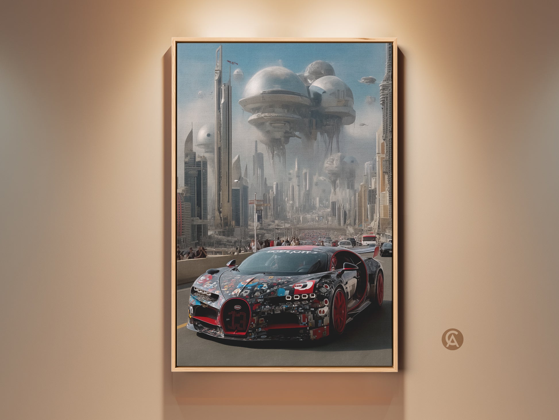 Hypercar races through a futuristic cityscape. This digital automotive art print features a striking supercar against a backdrop of sky blue. A perfect F1 fan gift for office decor. This canvas artwork blends speed and science fiction with a contemporary style. It brings a dynamic feel to your space. A unique automotive enthusiast decor.