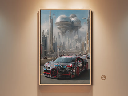Hypercar races through a futuristic cityscape. This digital automotive art print features a striking supercar against a backdrop of sky blue. A perfect F1 fan gift for office decor. This canvas artwork blends speed and science fiction with a contemporary style. It brings a dynamic feel to your space. A unique automotive enthusiast decor.