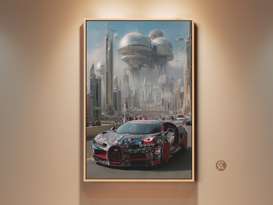 Hypercar races through a futuristic cityscape. This digital automotive art print features a striking supercar against a backdrop of sky blue. A perfect F1 fan gift for office decor. This canvas artwork blends speed and science fiction with a contemporary style. It brings a dynamic feel to your space. A unique automotive enthusiast decor.