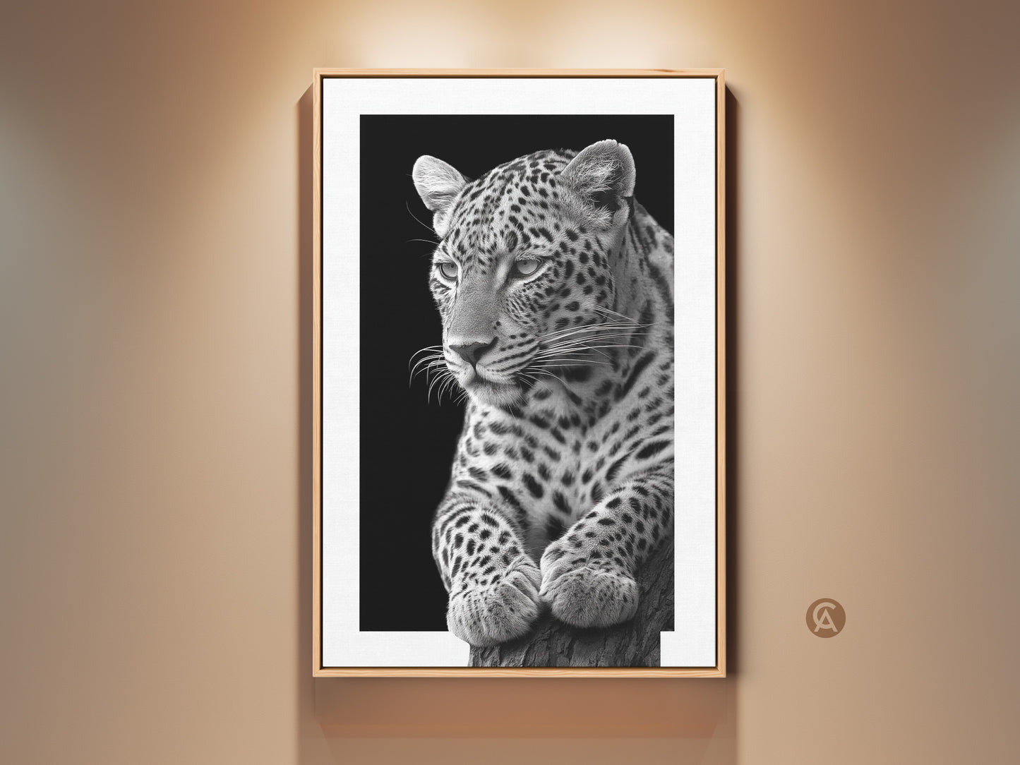 Framed monochrome leopard art for wall decor. See a photorealistic black and white leopard print. The animal artwork brings modern wildlife artistry to your home or office. Shop now!