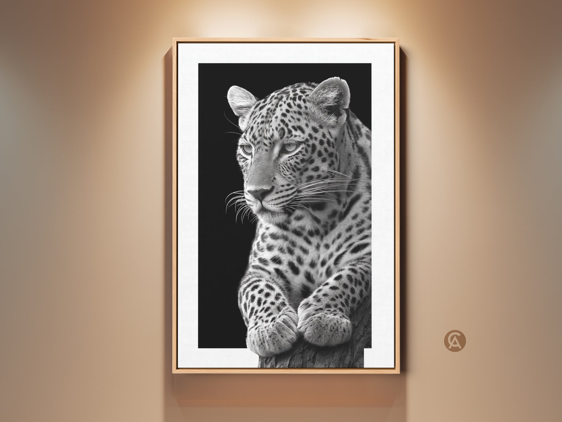 Framed monochrome leopard art for wall decor. See a photorealistic black and white leopard print. The animal artwork brings modern wildlife artistry to your home or office. Shop now!