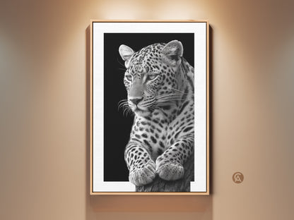Framed monochrome leopard art for wall decor. See a photorealistic black and white leopard print. The animal artwork brings modern wildlife artistry to your home or office. Shop now!