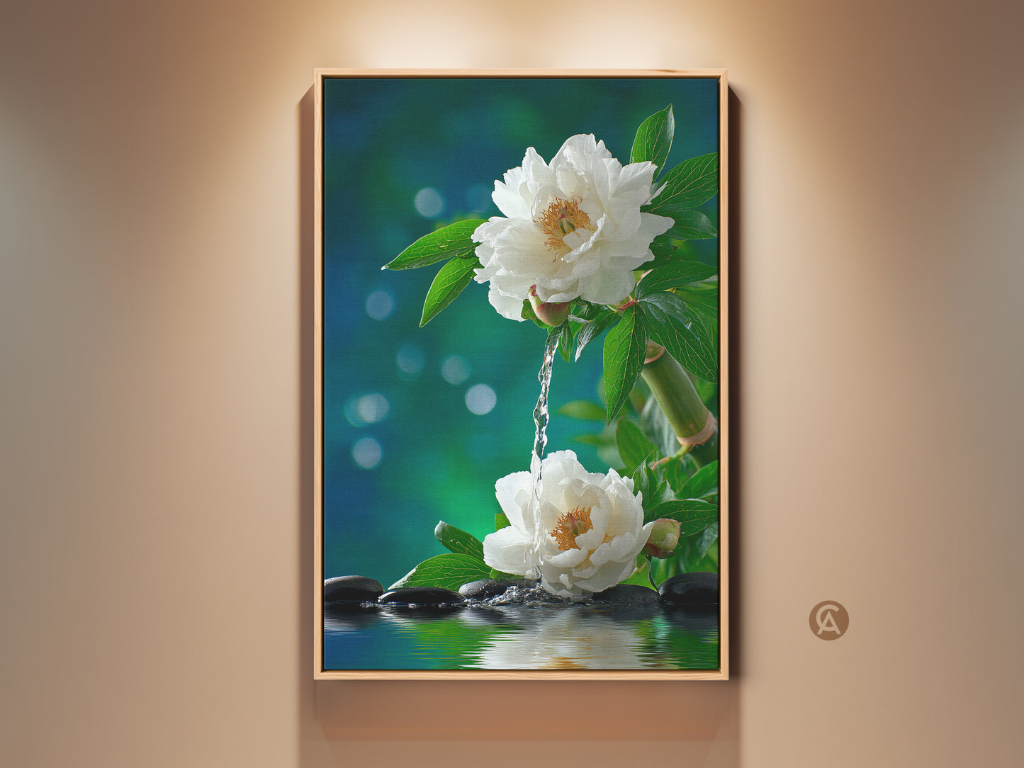 Framed floral wall art featuring white peonies in water. This zen artwork brings tranquility. A contemporary floating frame in a wood finish. Perfect for spa or bathroom decor. Shop now!