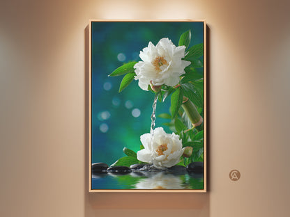 Framed floral wall art featuring white peonies in water. This zen artwork brings tranquility. A contemporary floating frame in a wood finish. Perfect for spa or bathroom decor. Shop now!