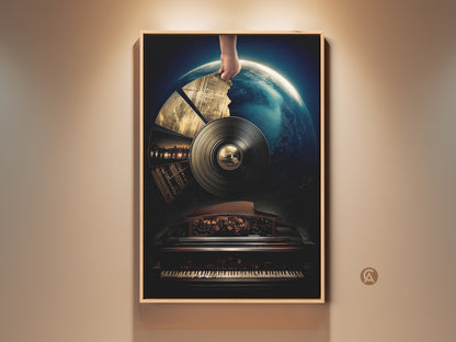 Surreal Earth & Piano Canvas Art a captivating vinyl record music theme print. Deep blue and gold artwork ideal for home or office use. This music-themed piece is a unique gift for music lovers enhancing any eclectic decor.