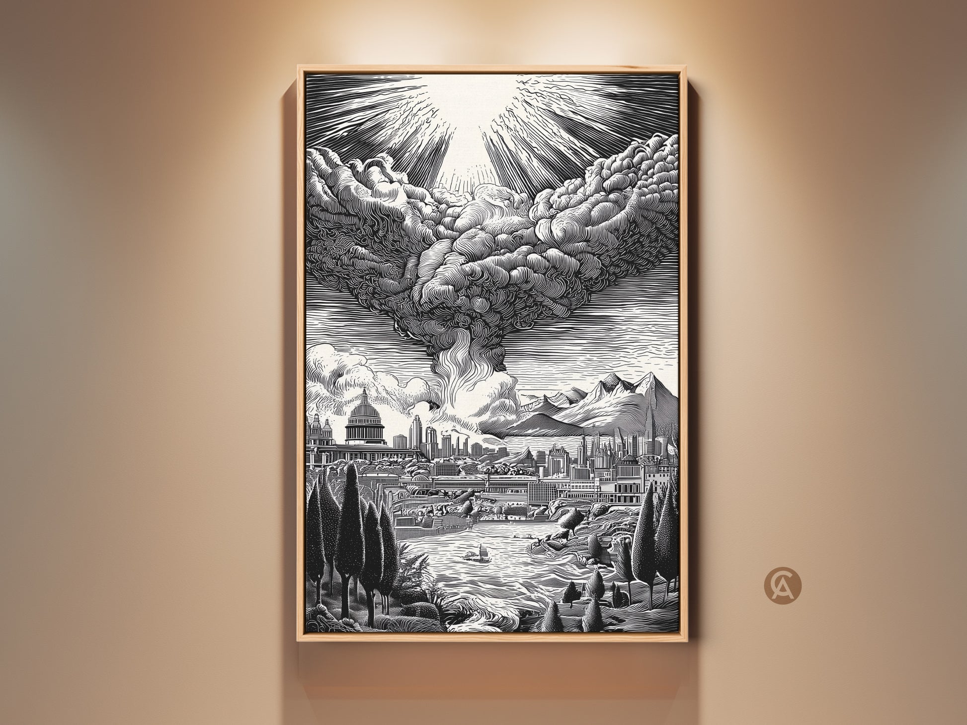 Monochrome artwork of cityscape with dramatic sky. This framed art captures a detailed skyline under a cloud formation. The artwork is a striking piece for modern interiors. A captivating visual experience. Perfect for adding artistic flair to any room. Shop now for unique wall art.