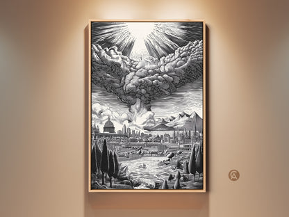 Monochrome artwork of cityscape with dramatic sky. This framed art captures a detailed skyline under a cloud formation. The artwork is a striking piece for modern interiors. A captivating visual experience. Perfect for adding artistic flair to any room. Shop now for unique wall art.