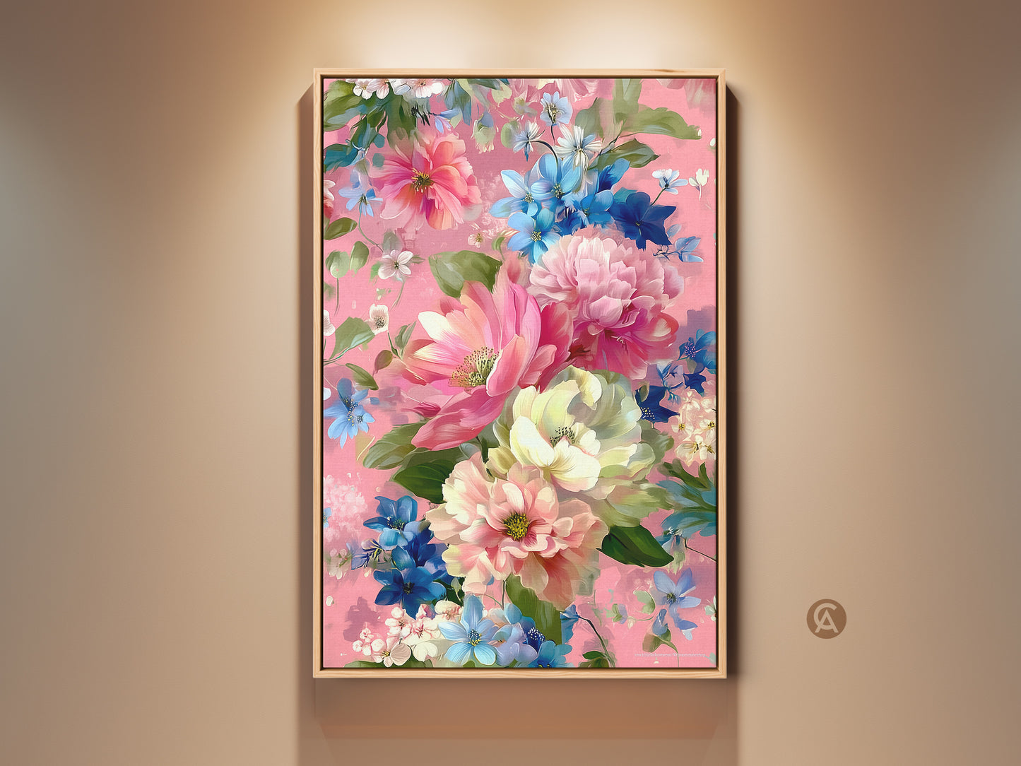 Framed botanical canvas print featuring pink peonies and blue daisies. Impressionistic floral artwork perfect for a boho living room. Romantic floral artwork on a vibrant pink background adds charm. The botanical elements enhance bedroom wall decor.