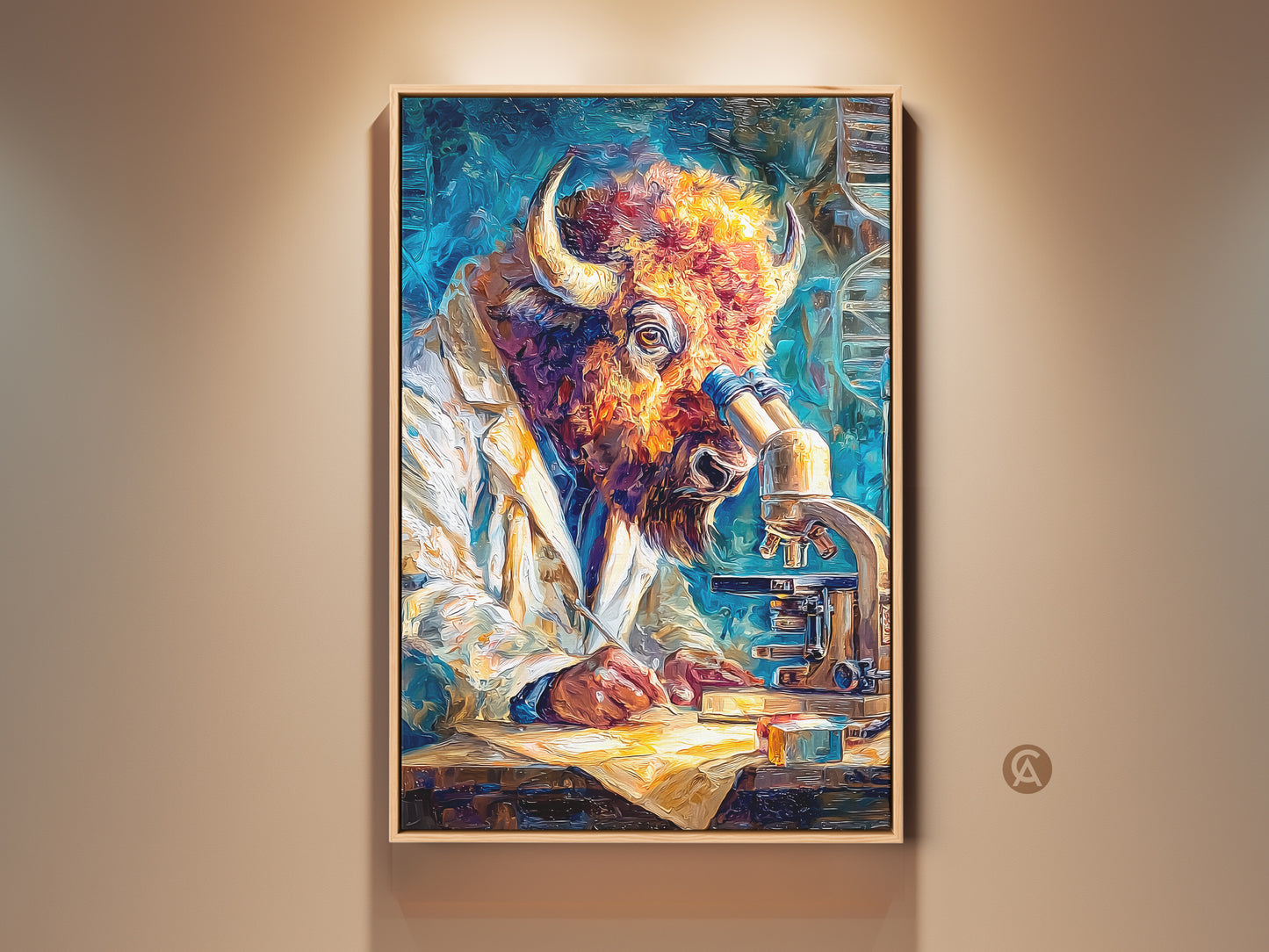 Framed artwork features a buffalo head scientist peering into a microscope. The oil painting style adds texture. It's a surreal scene with a touch of humor. The laboratory coat and focused expression give it a professional feel. This unique piece is perfect for science enthusiasts and art collectors alike