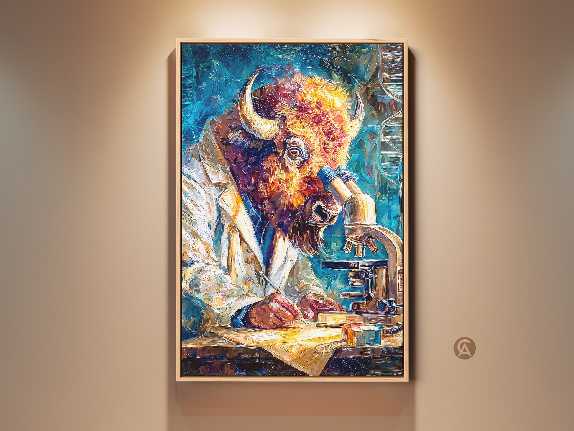 Framed artwork features a buffalo head scientist peering into a microscope. The oil painting style adds texture. It's a surreal scene with a touch of humor. The laboratory coat and focused expression give it a professional feel. This unique piece is perfect for science enthusiasts and art collectors alike
