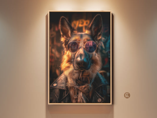 Framed German Shepherd art print commands attention. Clad in a leather jacket and shades this canine exudes cool. Amber and teal tones create a striking eclectic vibe that enhances any den or living room. It is a perfect dog lover gift or a statement piece for eclectic home decor.