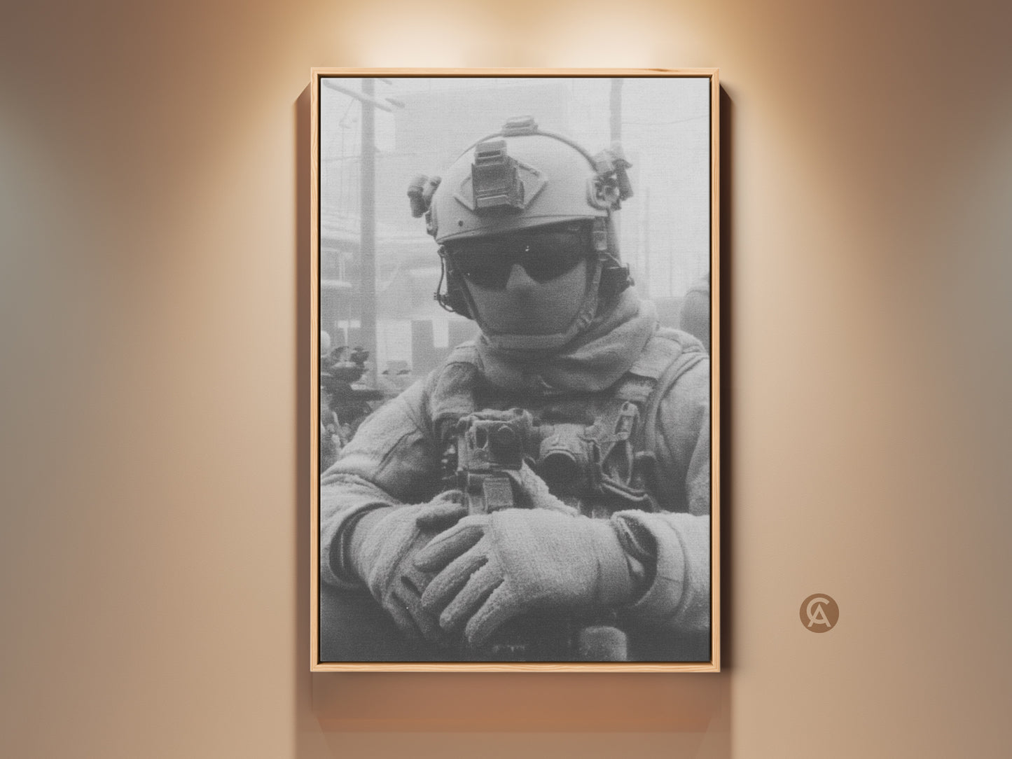 Framed canvas artwork featuring a soldier in tactical gear. The black and white art print captures the intensity of military life. Ready to hang this piece adds a touch of valor to any room.