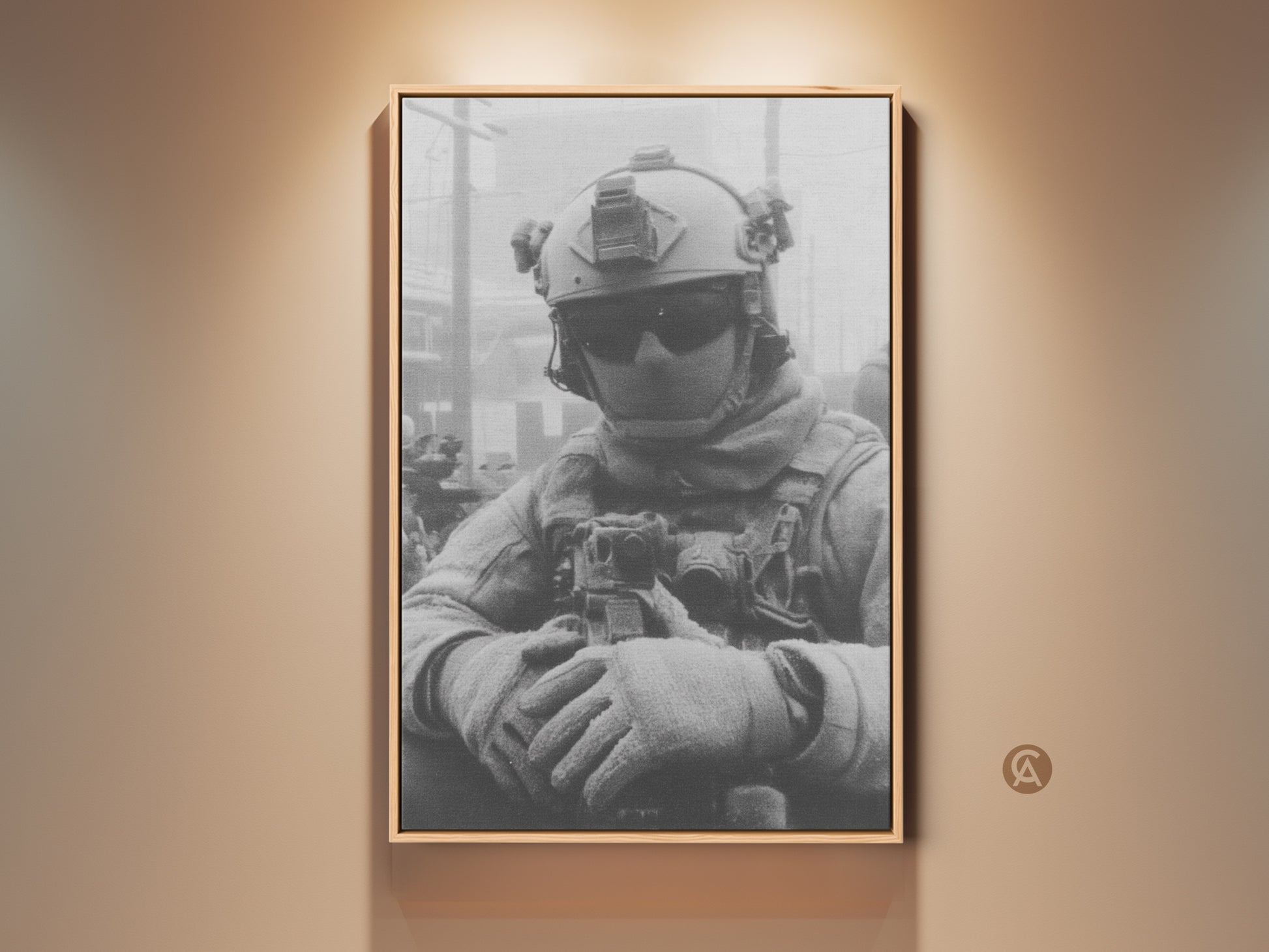 Framed canvas artwork featuring a soldier in tactical gear. The black and white art print captures the intensity of military life. Ready to hang this piece adds a touch of valor to any room.