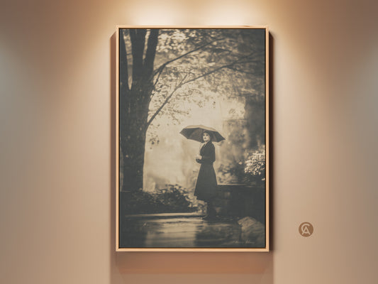 Monochrome art print of a woman with an umbrella. She is standing in a garden. This wall art offers a vintage aesthetic. Perfect for adding a touch of classic elegance to any room. Available as framed canvas or poster print.