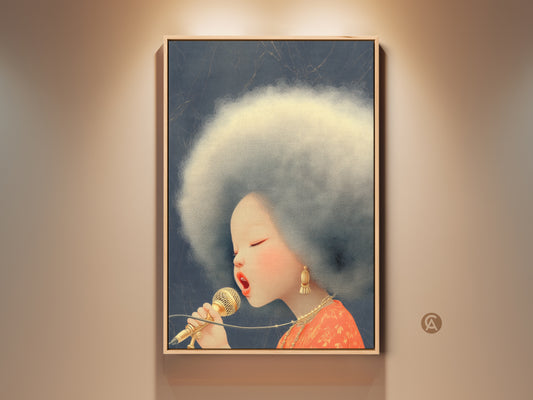 Immerse yourself in the Retro Singer Art Print. This vibrant Afro Woman Microphone Pop Art is an eclectic music lover's dream. The artwork adds a unique bedroom wall decor canvas with Blue Gold and Orange hues.