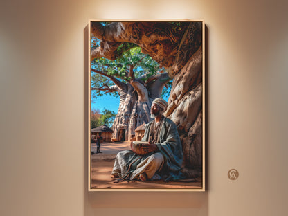 Experience cultural richness with this art print. It shows an African man drumming under a Baobab tree. The realistic artwork features earth tones and tribal elements. This piece enhances any space with an eclectic touch. It's a unique travel gift and housewarming present.