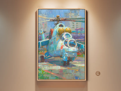 Framed canvas art print featuring a military helicopter. The artwork uses an impressionistic style. Displayed in a natural wood frame on a beige wall. Enhance your space with this unique aviation art. Perfect for military enthusiasts and art collectors. Add a touch of modern sophistication to any room.