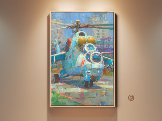 Framed canvas art print featuring a military helicopter. The artwork uses an impressionistic style. Displayed in a natural wood frame on a beige wall. Enhance your space with this unique aviation art. Perfect for military enthusiasts and art collectors. Add a touch of modern sophistication to any room.