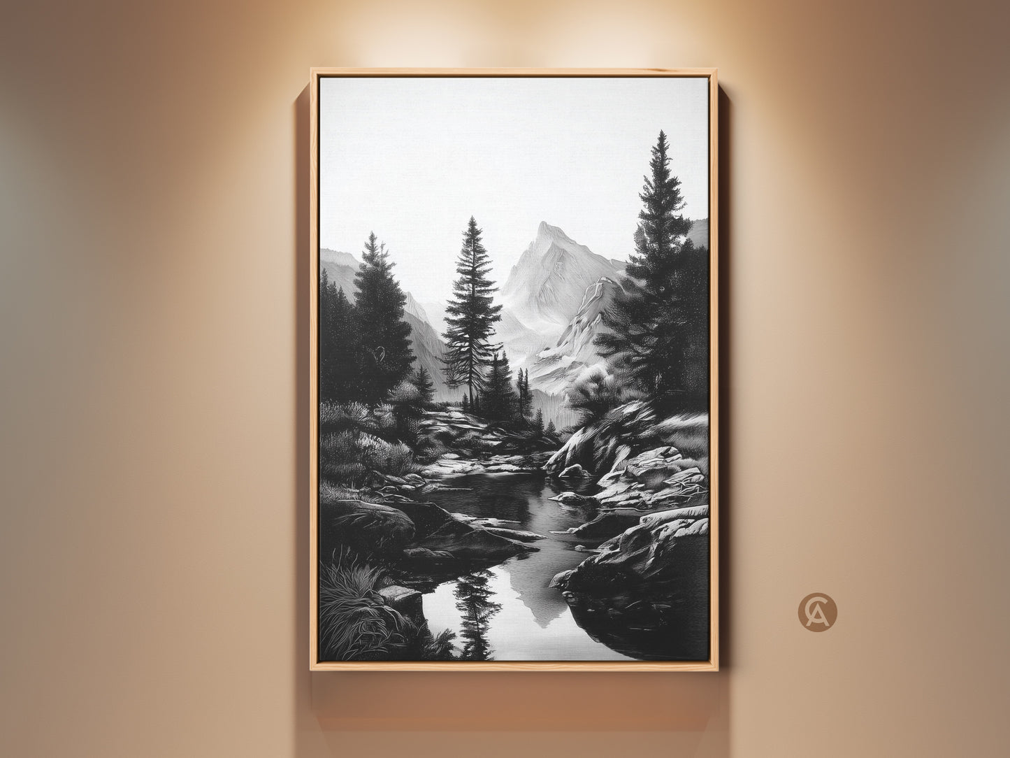 Black and white mountain river art print in a wood frame hangs on a neutral wall. The monochrome artwork features pine trees and a winding river. It creates a serene rustic home accent. Perfect for adding minimalist nature art to any room. Makes a great gift for hikers.
