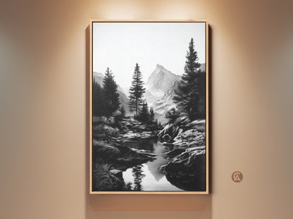 Black and white mountain river art print in a wood frame hangs on a neutral wall. The monochrome artwork features pine trees and a winding river. It creates a serene rustic home accent. Perfect for adding minimalist nature art to any room. Makes a great gift for hikers.