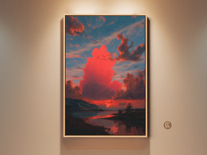 A framed canvas print displays a dramatic sunset. Crimson and teal clouds fill the sky. The painterly landscape scenery is reflected in the water. It's contemporary nature decor for any room.