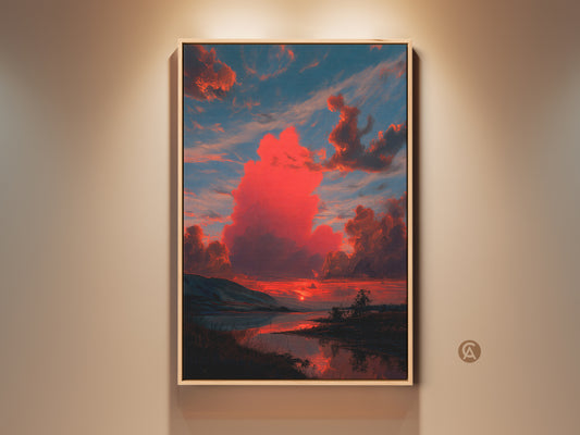 A framed canvas print displays a dramatic sunset. Crimson and teal clouds fill the sky. The painterly landscape scenery is reflected in the water. It's contemporary nature decor for any room.