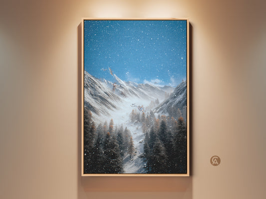 Rustic winter mountain canvas artwork showcases a snowy pine forest under a starry blue sky. The blue gray and white tones bring a serene nature scene to any room. Perfect bedroom decor or a gift for outdoor enthusiasts. The framed mountain print offers a high resolution nature landscape in a rustic style.