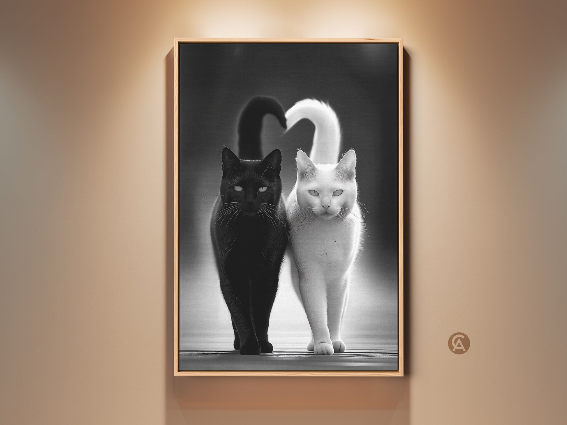 Monochrome Cat Canvas Art showcases a black and white animal print. This minimalist artwork is perfect as modern pet wall art for home decor. It makes a thoughtful gift for cat lovers. The contemporary piece adds artistic touch to any living room or bedroom. The cats' tails form a heart shape in this art print.