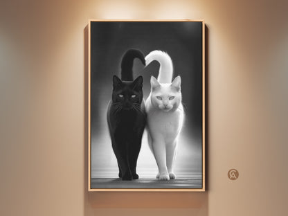 Monochrome Cat Canvas Art showcases a black and white animal print. This minimalist artwork is perfect as modern pet wall art for home decor. It makes a thoughtful gift for cat lovers. The contemporary piece adds artistic touch to any living room or bedroom. The cats' tails form a heart shape in this art print.