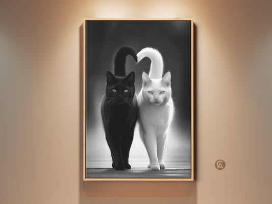 Monochrome Cat Canvas Art showcases a black and white animal print. This minimalist artwork is perfect as modern pet wall art for home decor. It makes a thoughtful gift for cat lovers. The contemporary piece adds artistic touch to any living room or bedroom. The cats' tails form a heart shape in this art print.