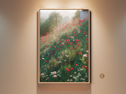 Boho poppy field wall art in a wood frame hangs on a neutral wall. The artwork shows a dreamy wildflower scene with red poppies and pink accents. This impressionistic landscape brings nature's beauty indoors. Perfect nature lover housewarming gift.