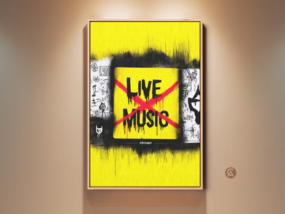 Vibrant yellow and black live music canvas art. This urban graffiti artwork features a red X. A perfect eclectic music lover gift. The concert street art adds an edgy touch to any room.