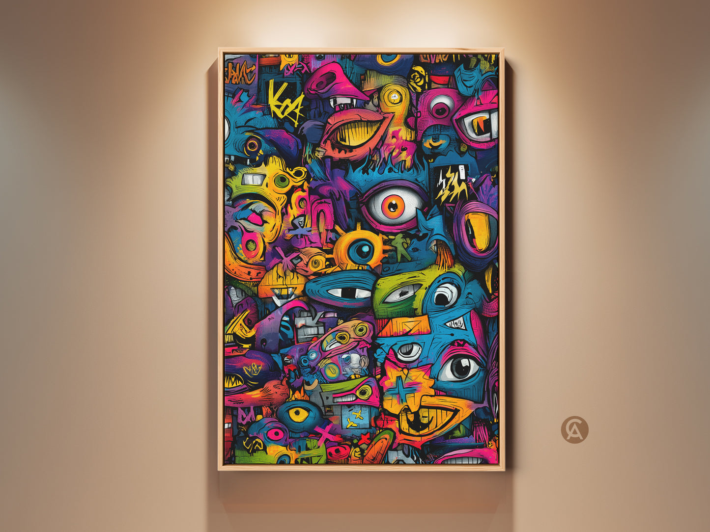 Framed Graffiti Pop Art. This eye-catching artwork features a colorful graffiti style. The many eyes and mouths create a unique texture. It's displayed in a natural wood frame adding warmth. Perfect for modern spaces buy it now!