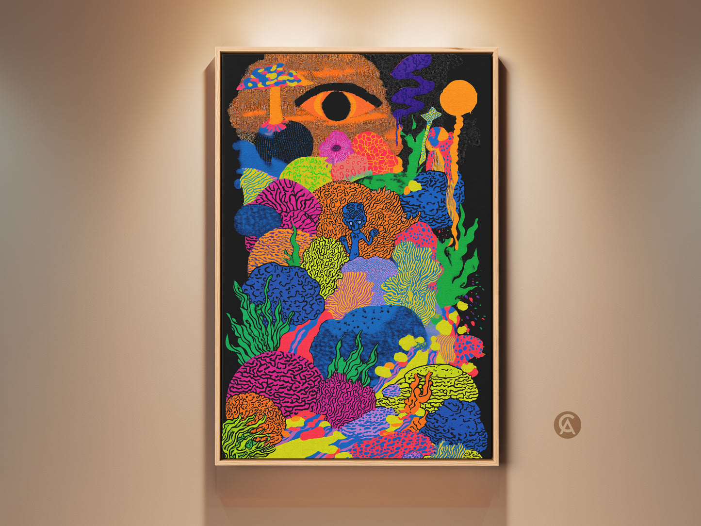 A vibrant abstract surreal wall art print is displayed in a room setting. This psychedelic eye mushroom print adds an eclectic touch to bedroom decor. The colorful artwork makes a great gift.