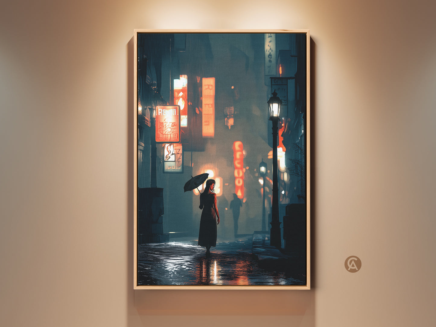 City Night Wall Art presents a cinematic scene. A woman with an umbrella is featured in this neon signs canvas print. The deep blue orange teal aesthetic decor creates an urban moody vibe. This artwork enhances any living room or bedroom. It is a perfect housewarming gift for urban art lovers.