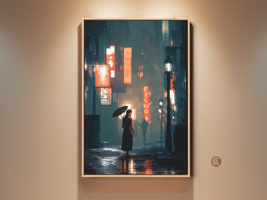 City Night Wall Art presents a cinematic scene. A woman with an umbrella is featured in this neon signs canvas print. The deep blue orange teal aesthetic decor creates an urban moody vibe. This artwork enhances any living room or bedroom. It is a perfect housewarming gift for urban art lovers.