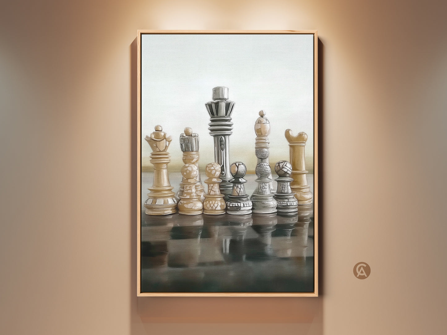 Elevate your space with this Modern Abstract Chess Art Print featuring realistic King and Queen figures. This beige brown gray canvas artwork enhances office and home decor. Perfect for strategy game enthusiasts it adds an intellectual touch. Consider this office artwork a thoughtful birthday gift for the chess lover in your life.