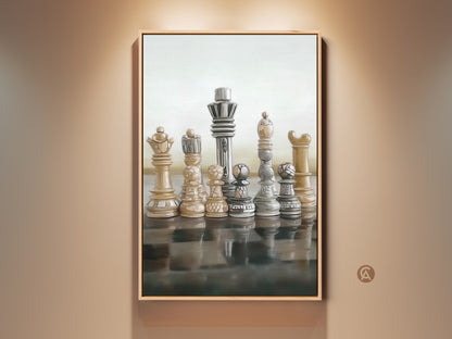 Elevate your space with this Modern Abstract Chess Art Print featuring realistic King and Queen figures. This beige brown gray canvas artwork enhances office and home decor. Perfect for strategy game enthusiasts it adds an intellectual touch. Consider this office artwork a thoughtful birthday gift for the chess lover in your life.