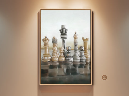 Elevate your space with this Modern Abstract Chess Art Print featuring realistic King and Queen figures. This beige brown gray canvas artwork enhances office and home decor. Perfect for strategy game enthusiasts it adds an intellectual touch. Consider this office artwork a thoughtful birthday gift for the chess lover in your life.