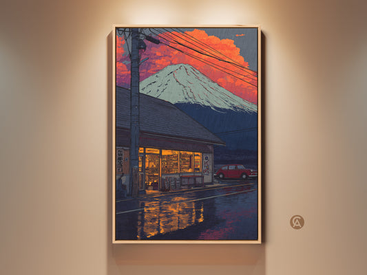 Framed retro Japanese art print. The Mount Fuji landscape canvas creates a vintage cityscape artwork. A deep blue crimson orange anime style poster enhances your eclectic home decor.