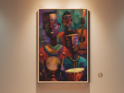 Vibrant tribal musicians canvas art. Abstract expressionism wall decor adds a soulful energy to any room. Deep purple orange and teal art in an eclectic home. Ideal for music lovers as a housewarming gift. This canvas print brings a dynamic and cultural touch to your living space.