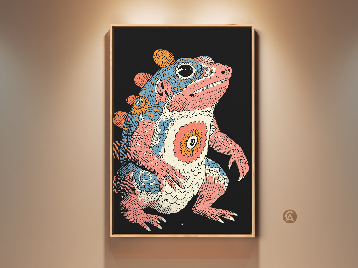 Displaying a framed psychedelic frog wall art print. The retro creature is set against a dark background. The pink blue and orange artwork adds an eclectic touch. This fantasy amphibian poster is perfect for unique home decor. It will enhance any study room or eclectic wall hanging.