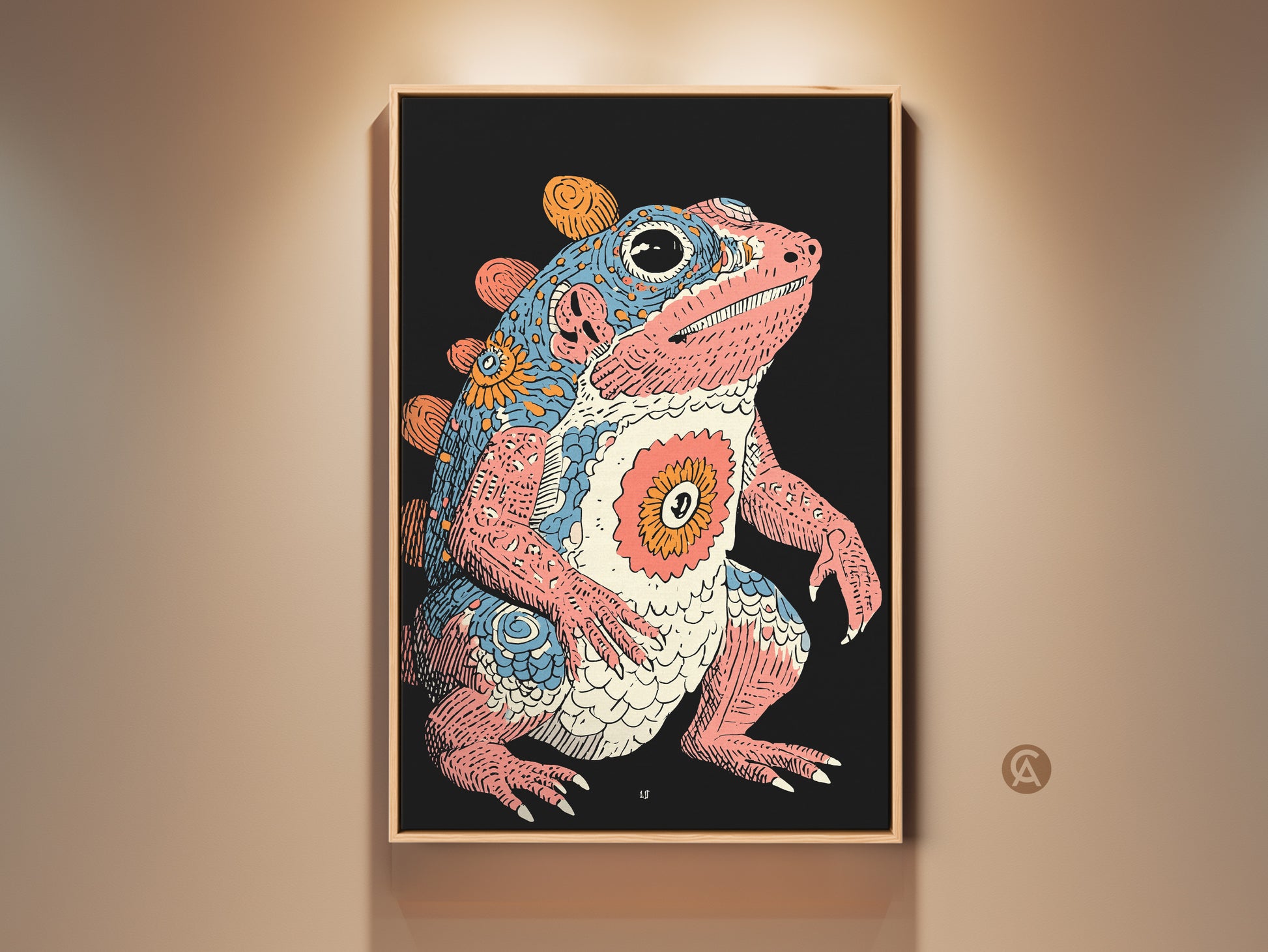 Displaying a framed psychedelic frog wall art print. The retro creature is set against a dark background. The pink blue and orange artwork adds an eclectic touch. This fantasy amphibian poster is perfect for unique home decor. It will enhance any study room or eclectic wall hanging.