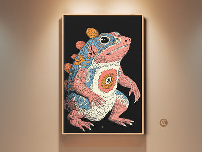 Displaying a framed psychedelic frog wall art print. The retro creature is set against a dark background. The pink blue and orange artwork adds an eclectic touch. This fantasy amphibian poster is perfect for unique home decor. It will enhance any study room or eclectic wall hanging.