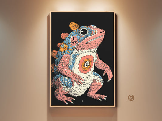 Displaying a framed psychedelic frog wall art print. The retro creature is set against a dark background. The pink blue and orange artwork adds an eclectic touch. This fantasy amphibian poster is perfect for unique home decor. It will enhance any study room or eclectic wall hanging.