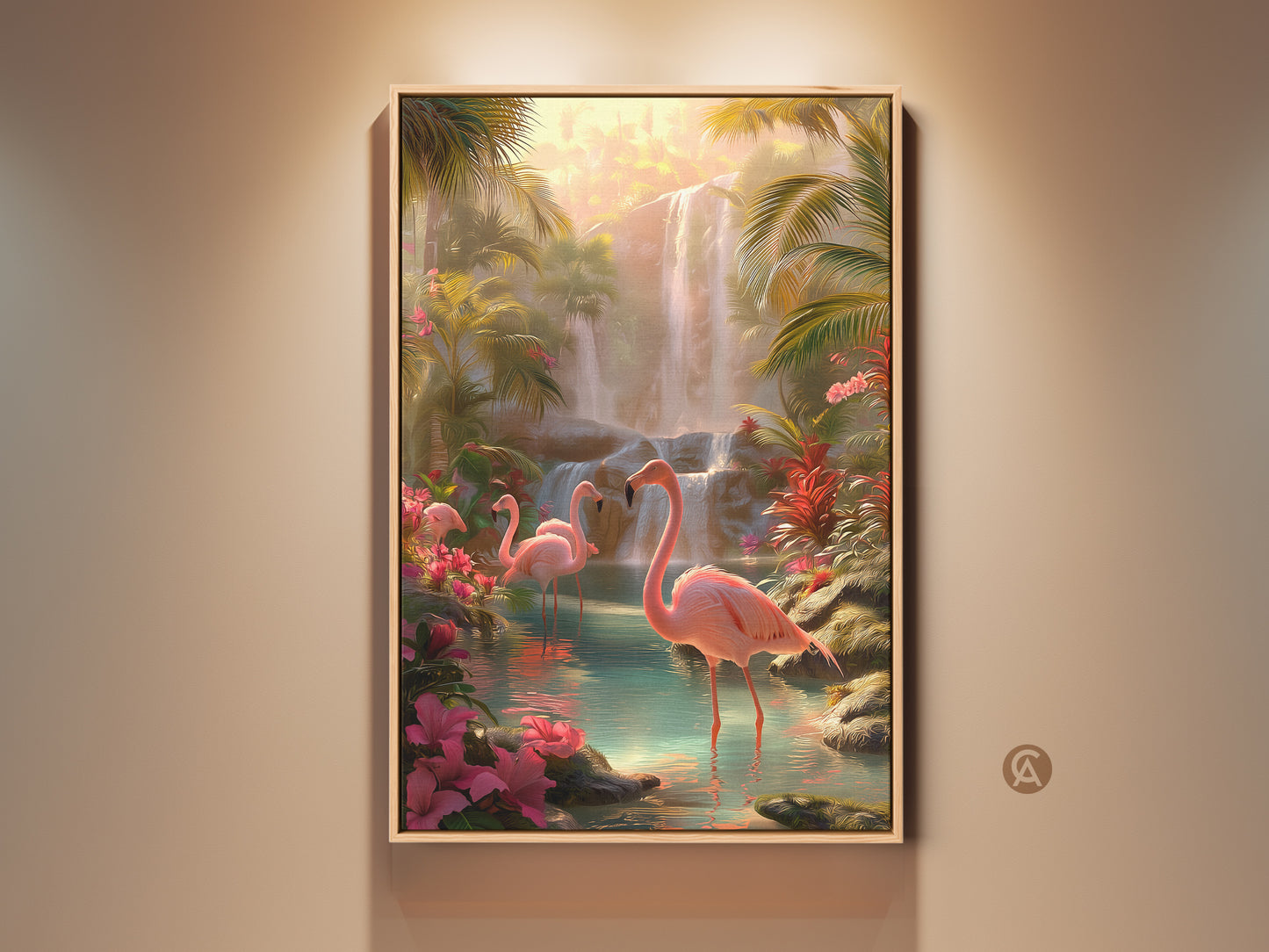 Tropical flamingo art print displayed in a living room. The artwork features pink birds and a lush waterfall. Boho botanical artwork adds a vibrant touch. This nature-themed wall decor enhances the room's aesthetic.