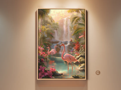 Tropical flamingo art print displayed in a living room. The artwork features pink birds and a lush waterfall. Boho botanical artwork adds a vibrant touch. This nature-themed wall decor enhances the room's aesthetic.