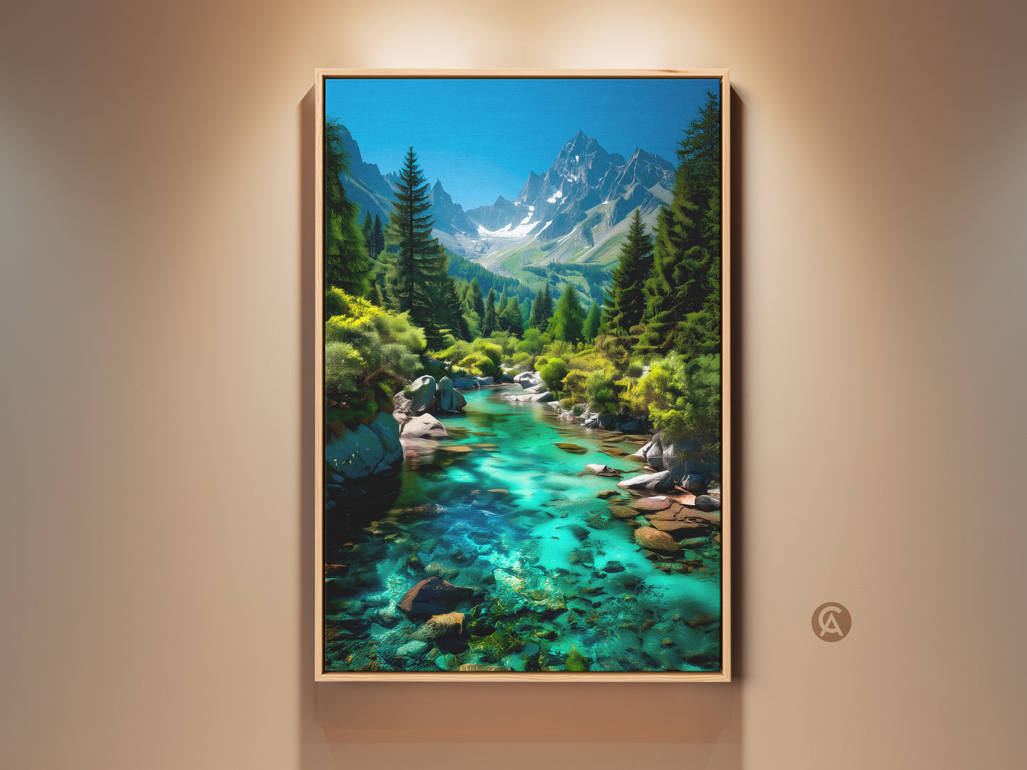 Photorealistic mountain river canvas art displayed in a room setting. The emerald green turquoise landscape brings nature indoors. This alpine scenery artwork makes a perfect gift for outdoorsy people. The contemporary nature canvas enhances any living space with its clear water and mountain view.