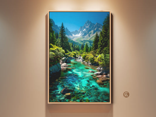 Photorealistic mountain river canvas art displayed in a room setting. The emerald green turquoise landscape brings nature indoors. This alpine scenery artwork makes a perfect gift for outdoorsy people. The contemporary nature canvas enhances any living space with its clear water and mountain view.
